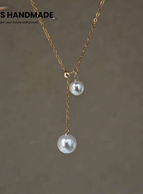 可调节不对称大小珍珠项链女美国14包金锁骨项链毛衣链性感不褪色