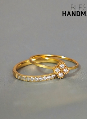 闪闪莫桑钻四叶草14K金色戒指女