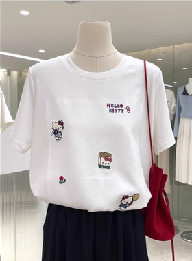 Hello Kitty卡通刺绣短袖T恤女白色纯棉减龄显瘦上衣