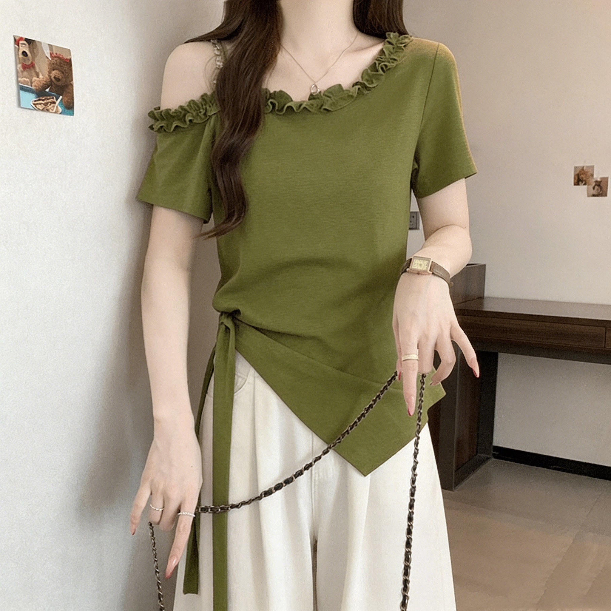 韩式系带荷叶边大码韩版斜肩绑带短袖女2026夏季新款显瘦T恤女士