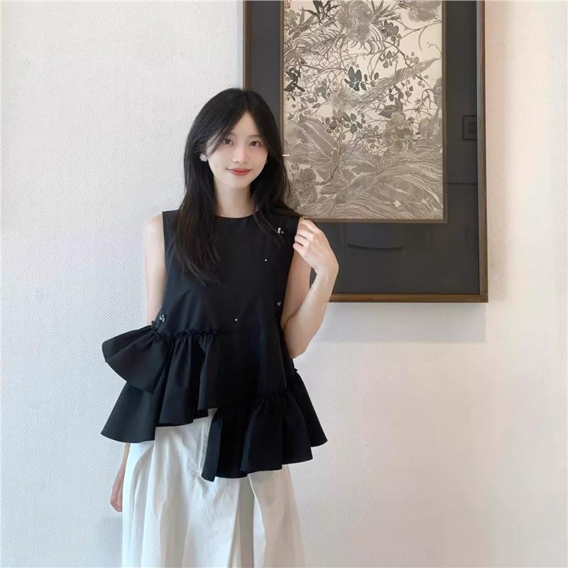 法式小众不规则钉珠荷叶边无袖衬衫女夏季设计感甜美百搭上衣潮