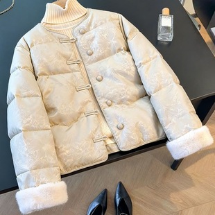 新中式国风提花盘扣羽绒棉服女2025冬装新款袖口羊羔毛拼接外套女