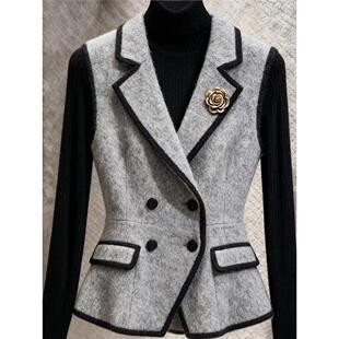 灰色毛呢马甲外套高级感时髦洋气叠穿新款 显瘦小香风坎肩马夹 修身