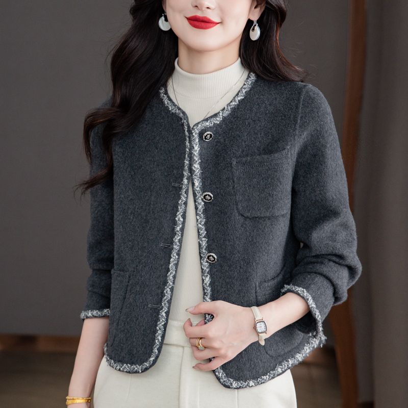 双面羊绒大衣女短款小香风2025新款羊毛上衣圆领高级感毛呢外套