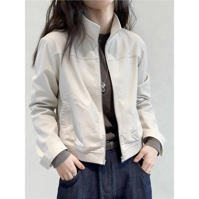 白色立领夹克外套女早春款拉链显腿春日潮酷风长袖工装冲锋衣上衣