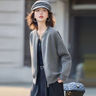 休闲风亮片刺绣圆领棒球服外套女2025秋季 小个子百搭夹克上衣 新款