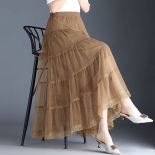 2025春夏季新款仙女网纱半身裙女过膝a字百褶裙春秋纱裙垂感长裙