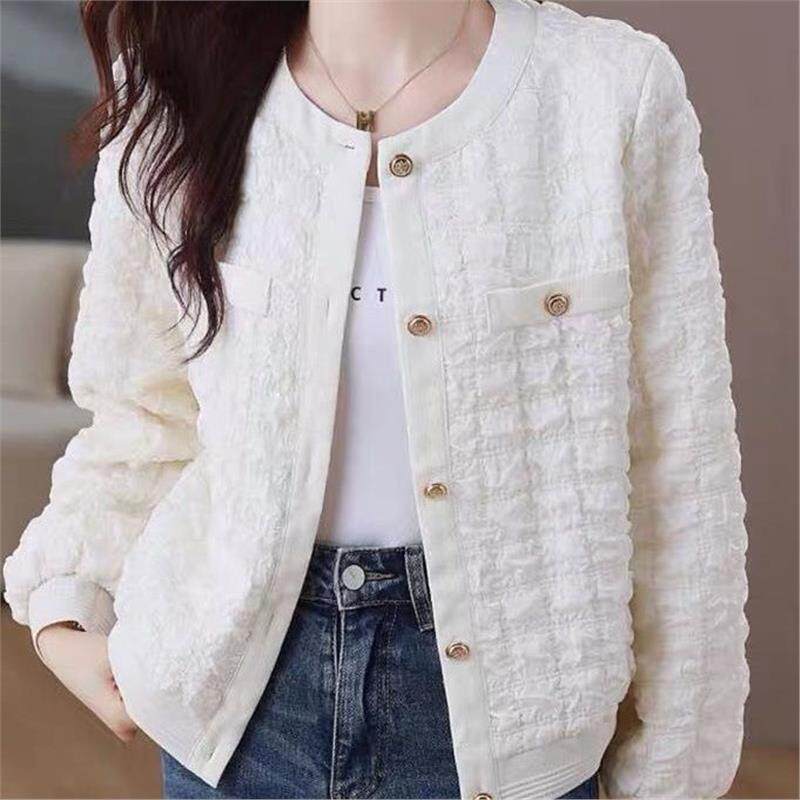 小香风白色泡泡纱雪纺外套2026春秋新款设计气质长袖百搭圆领上衣