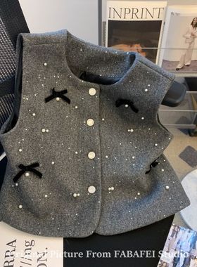 小清新灰色毛呢香风马甲女秋冬叠穿重工订珠背心高级坎肩感细上衣