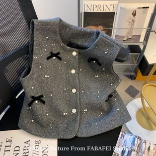小清新灰色毛呢香风马甲女秋冬叠穿重工订珠背心高级坎肩感细上衣