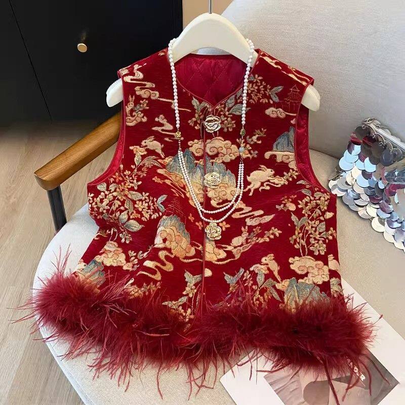 红色国风马甲新中式鸵鸟毛马夹重工刺绣坎肩背心秋冬夹棉女款外套,女装/女士精品,马夹,淘宝优惠券,粉丝福利购,淘宝优惠卷