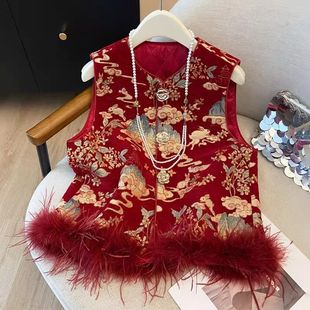 红色国风马甲新中式鸵鸟毛马夹重工刺绣坎肩背心秋冬夹棉女款外套