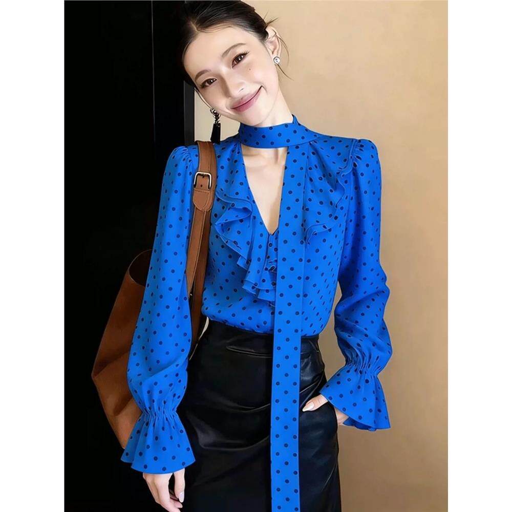 独特漂亮法式波点飘带衬衫女春季荷叶边喇叭袖雪纺衫洋气减龄上衣