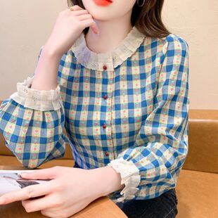 法式复古荷叶领格子长袖衬衫女2025春装新款气质小衫百搭上衣体恤
