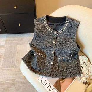 复古重工香风钉珠马甲外套秋冬高级开衫珍珠背心坎肩上衣2025