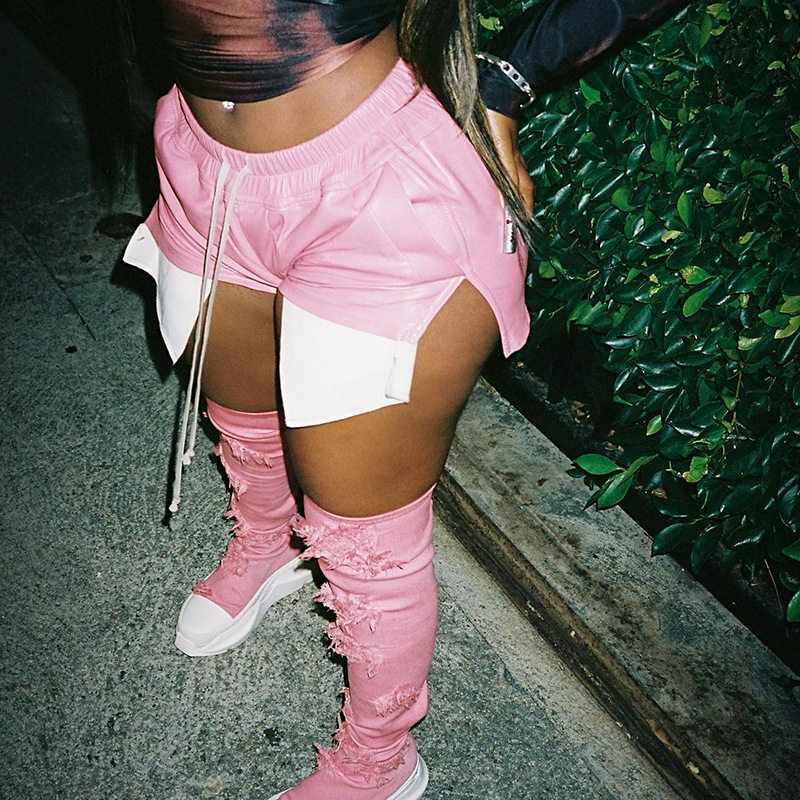 欧美夏撞色仿皮系带高腰休闲短裤女Women's leather-like shorts