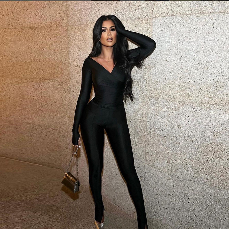 欧美秋季女装性感露肩大领高腰紧身长裤休闲运动套装Sports suit