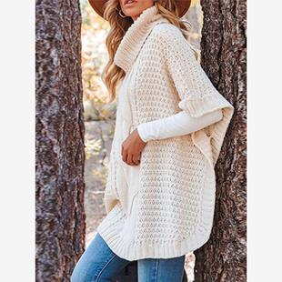 美式秋冬宽松麻花针织马夹毛线蝙蝠袖高领短袖毛衣罩衫坎肩外套女