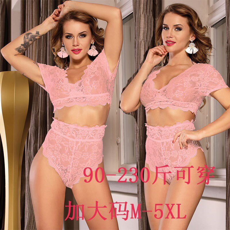 M-5XL欧美加大码胖MM性感女孩高腰多色款全蕾丝诱惑文胸内裤套装