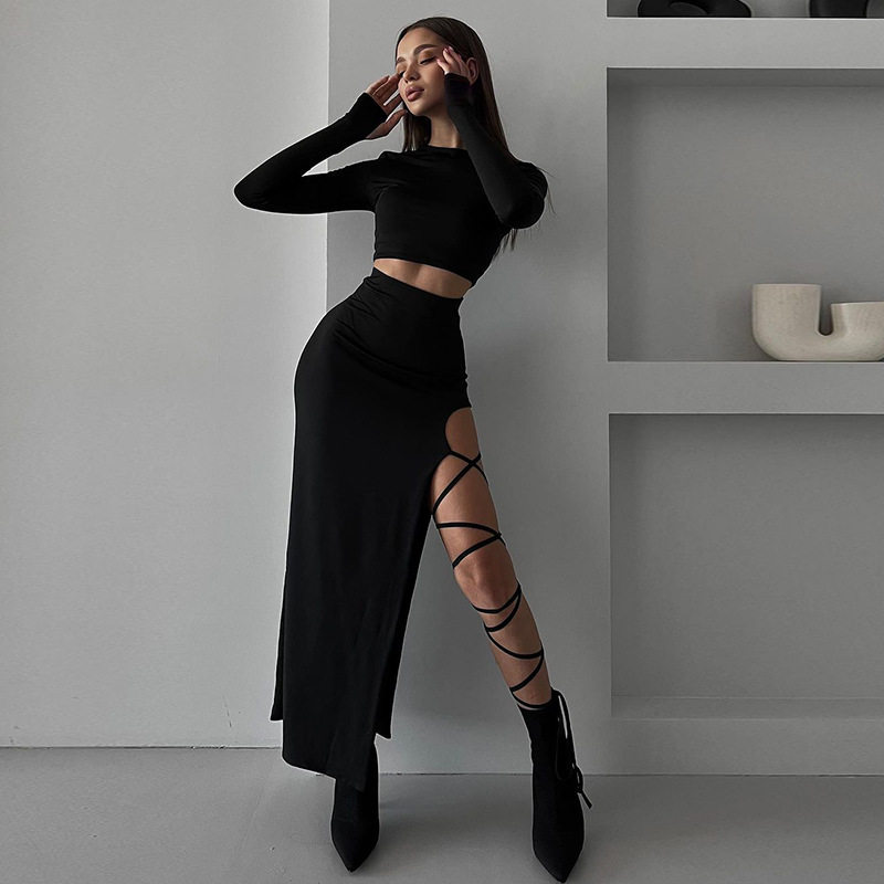 长袖短款露脐上衣高腰性感绑带开叉长裙辣妹套装女Slim fit dress