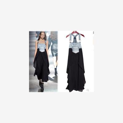 新款时尚宽松长裙荷叶边背带大摆裙牛仔雪纺连衣裙 1172