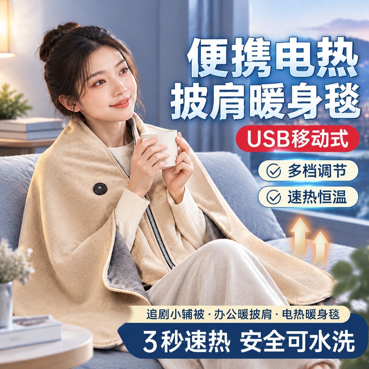 石墨烯USB电热披肩暖身毯车载户外露营发热毯子送女友长辈生日礼