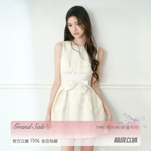 RECIT 米色光泽感提花蝴蝶结背心连衣裙女秋蕾丝腰封A字蓬蓬短裙