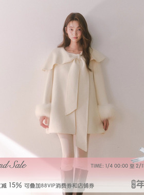 RECIT 白色100%羊毛双面大衣女冬季蝴蝶结搭片毛毛袖短款毛呢外套