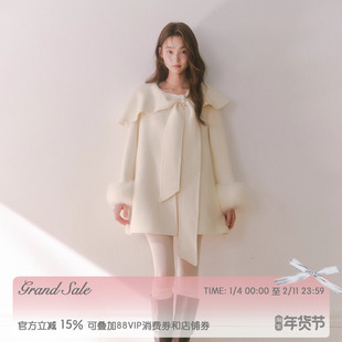 RECIT 白色100%羊毛双面大衣女冬季蝴蝶结搭片毛毛袖短款毛呢外套