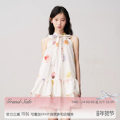 RECIT 任敏同款 抽象花卉蝴蝶结系带挂脖连衣裙木耳边蓬蓬短裙