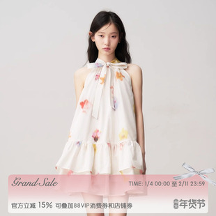 【任敏同款】RECIT 抽象花卉蝴蝶结系带挂脖连衣裙木耳边蓬蓬短裙