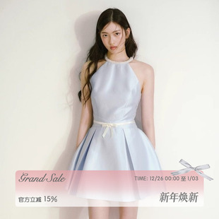 蓬蓬短裙 小众设计感收腰无袖 RECIT 光泽缎面珍珠挂脖连衣裙女冬季