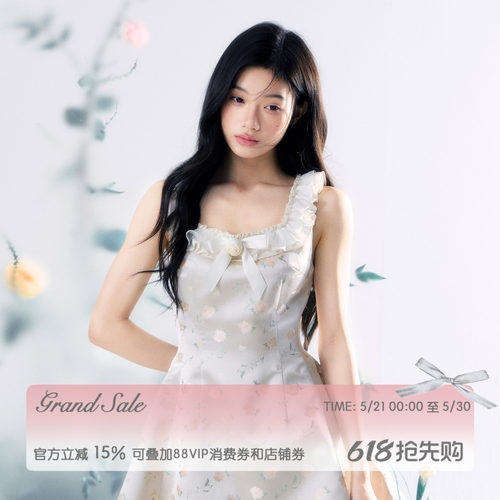 RECIT 清透油画提花小飞袖背心连衣裙女夏季立体玫瑰收腰背心短裙