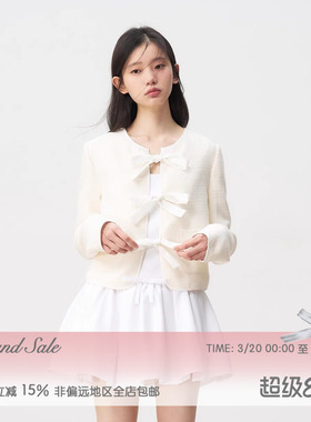 RECIT 米白撞色缎面系带蝴蝶结小香风短外套女春装千金感正肩上衣