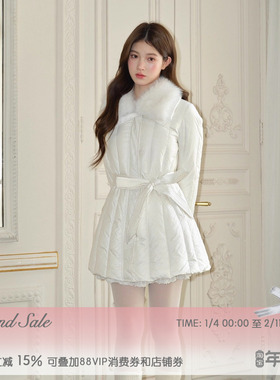 RECIT 白色拼接毛领收腰系带90国标白鸭绒少女中长款排骨羽绒服