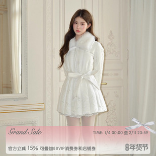 RECIT 白色拼接毛领收腰系带90国标白鸭绒少女中长款排骨羽绒服