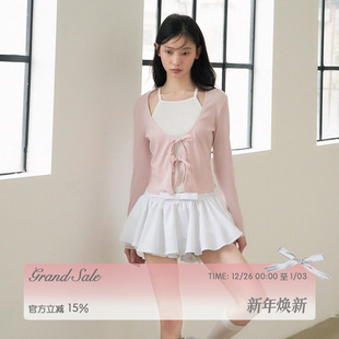 弹力长袖 RECIT 修身 女冬季 短上衣 粉白拼接蝴蝶结系带假两件针织衫