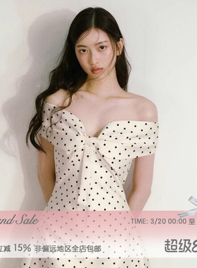 RECIT 法式复古千金风缎面波点立体蝴蝶结一字肩收腰连衣裙生日裙