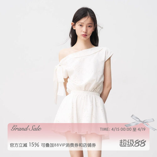 白色法式斜肩系带连衣裙