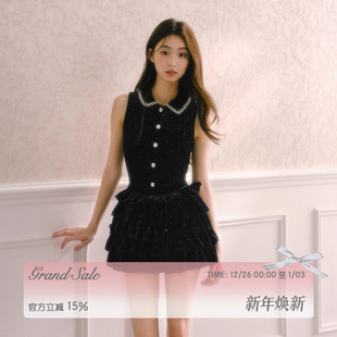 RECIT 蓬蓬连衣裙生日裙 黑丝绒细闪千金风蛋糕摆花边收腰带裙裤