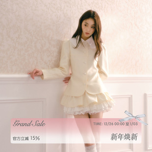 娃娃领外套多层蓬蓬短裙两件套 女冬季 RECIT 香槟色缎面小香风套装