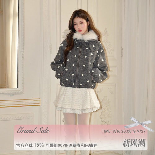 RECIT 灰色立体毛绒波点连帽毛领休闲少女风羊毛短款大衣短外套