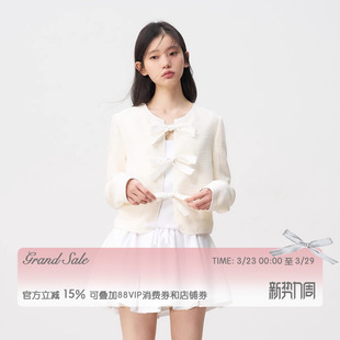 RECIT 米白撞色缎面系带蝴蝶结小香风短外套女春装千金感正肩上衣