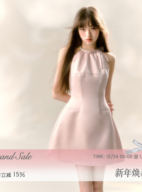 RECIT 粉色缎面光泽感挂脖连衣裙女冬季蝴蝶结收腰A字无袖短裙子