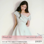 RECIT 薄荷绿一字斜肩连衣裙女冬季 千金风小众设计独特漂亮掐腰裙