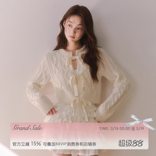 RECIT 复古钩针系带蝴蝶结针织开衫女春装手工珍珠领短款毛衣外套