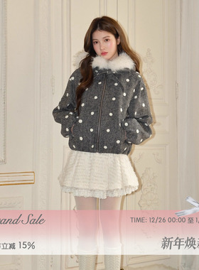 RECIT 灰色立体毛绒波点连帽毛领休闲少女风羊毛短款大衣短外套
