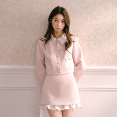 RECIT粉缎娃娃领小香风套装