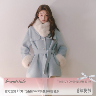 RECIT 冰岛蓝可拆卸毛领含羊毛大衣女冬季收腰系带中长款毛呢外套