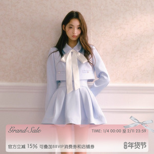 RECIT 雾蓝色韩系千金风缎面系带短外套高腰立体打褶蓬蓬裙套装